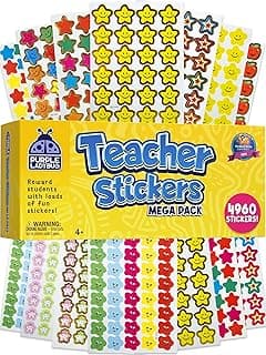 Teacher Stickers for Students - 4960 Motivational Reward Stickers for Kids | Classroom Supplies for Teachers, Star and Smiley Designs, 18 Wrapped Sleeves, Reward Charts, Back to School Gift