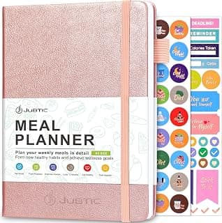 JUBTIC Meal Planner Notebook, Weekly & Daily Meal Prep Journal, Undated A5 | Food Journal, Shopping and Grocery Lists, Healthy Diet Planner, Weight Loss Tracking, Habit Tracker, Last 1 Year, Rose Gold