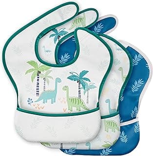 3 Pack Waterproof Baby Bibs for Eating, Mess Proof Feeding Bib | Lightweight & Wipeable Toddler Food Bibs, Large Catch-All Pocket, Food-Grade Baby Eating Essentials Gifts, Blue Dinosaur