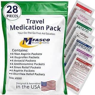 MFASCO 7 in 1 Travel Size Medicine Kit - TSA Approved | 28 First Aid Emergency OTC Medicine Packets for Cruise & International Travel | Compact Med Refill for Traveling & Office