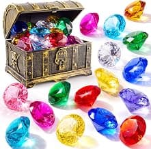 Sloosh Diving Gems Pool Toys, 16 Big Colorful Diamond with Pirate Treasure Chest,Swim Dive Toy for Kids Underwater Gemstone Swimming Training Gift Water Pool Games(Gold)