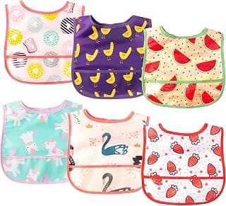 6Pcs Waterproof Baby Feeding Bibs, Mess Proof Toddler Bibs for Eating | Infant Food Bib with Crumb Catcher Pocket, Adjustable Food-Grade Sleeveless Bib, Baby Eating Essentials Keepsake, 6-24 Months