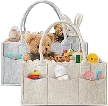 HIPHOP PANDA 2-Pack Diaper Caddy Organizer - Newborn Essentials Baby Registry Must Haves - Sturdy Nursery Storage Bin & Portable Car Caddy for Diapers & Wipes - Grey/Oatmeal Gift Set