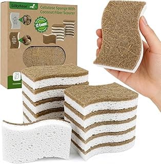 Silkyhose 12 Pack Natural Kitchen Sponges, Cellulose Coconut & Non-Scratch | Compostable & Biodegradable. Eco-friendly, plant-based. Long-lasting, reusable. Cleans pots, pans & glass.