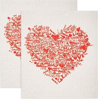 Swedish Dishcloths 2-Pack Valentine's Day Red Heart Reusable Eco-Friendly Kitchen Sponge Cloths, Replaces Rolls of Paper Towels, Super Absorbent Biodegradable, Machine Washable 7.87"x6.88"