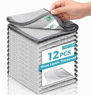 12pcs Upgrade 3-Layer Non-Scratch Steel Wool Dish Rags for Washing Dishes | Wet & Dry Clening, Effortlessly Strips Stuck-on Grime, Great for Cookware, Sinks, Dishes and Stove tops 7.87“ x 7.87”