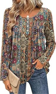 Zeagoo Long Sleeve Shirts for Women Dressy Casual Blouses Loose Tunic Tops | Fashion Fall Clothes, Crew Neck Button Blouses, Business Casual Tops for Work, Loose Fit Floral Print Shirts