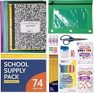 EPI Essentials Back to School Supplies for Kids – 74 Items in Kit – Kindergarten to 5th Grade School Supply Packs – Wide-Ruled Bundle with Composition Notebooks – Suitable for Homeschooling