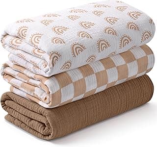 Muslin Swaddle Blankets for Newborn, 3 Pack Breathable Soft Receiving Blanket, Large 38 x 40 inches Swaddle Wrap Burping Clothes Diapers, Essentials Infant Shower Items, Toddler Gift (Rainbow & Grid)