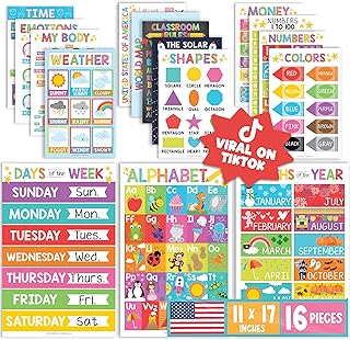 Hadley Designs 16 Educational Posters for Toddler Learning Activities - Alphabet Daycare Essentials, Laminated Pre-K Posters for Toddlers 1-3, Preschool Learning Activities, Rainbow Classroom Decor