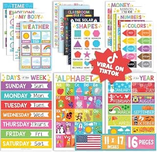 Hadley Designs 16 Educational Posters for Toddler Learning Activities - Alphabet Daycare Essentials, Laminated Pre-K Posters for Toddlers 1-3, Preschool Learning Activities, Rainbow Classroom Decor
