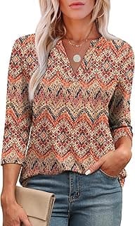 3/4 Length Sleeve Womens Tops V Neck Tunic Shirts Loose Curved Hem Blouses Dressy Casual S-3XL