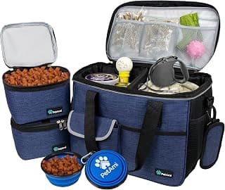 PetAmi Dog Travel Bag Organizer, Pet Supplies Diaper Tote, Navy Blue Medium | Pet Travel Kit with 2 Food Containers & 2 Collapsible Dog Bowls, Luggage Sleeve, Weekend Getaway Road Trip Camping Essentials