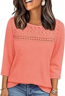 3/4 Length Sleeve Womens Tops Spring Summer Outfits Dressy Casual Blouses Lace Trendy Waffle Knit Shirts