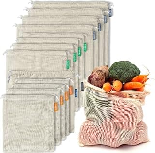 12+1 Reusable Produce Bags Grocery Washable, Organic Cotton Mesh Produce Bags, Double-Stitched & Tare Weigh, Mesh bags for vegetables, Cotton Produce Bags Reusable Washable, Produce bag 4xS, 4xM, 4xL