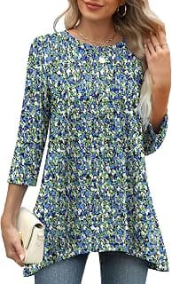 OFEEFAN Tunic Tops for Women Loose Fit Dressy 3/4 Length Sleeve Womens Tops with Asymmetrical Hem S-4XL