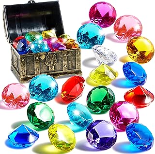 Sloosh Diving Gems Pool Toys, 16 Big Colorful Diamond with Pirate Treasure Chest,Swim Dive Toy for Kids Underwater Gemstone Swimming Training Gift Water Pool Games(Gold)