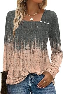 Long Sleeve Shirts for Women Fall Clothes Asymmetric Square Neck Tunic Tops Decorative Buttons
