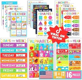 Hadley Designs 16 Educational Posters for Classroom Must Haves - Laminated Pre-K Posters for Toddler Homeschool Essentials, Toddler & Preschool Learning Activities, Kindergarten Classroom Decor