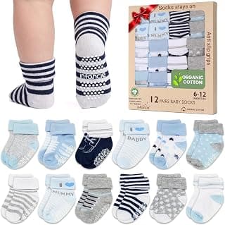 GOTS Organic Cotton Blend 12 Baby Boy Socks Newborn 6-12 M Non Slip Gift | Oeko-Tex Certified, Baby Socks, 12 Pairs, Baby Socks Newborn, Newborn Socks Boys, Blue, For Baby Boys, 6-12 Months,