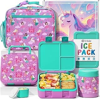 Fimibuke Bento Lunch Box for Kids Toddler Girl with 12OZ Insulated Food Jar | 3-Compartment 32OZ Snack Lunch Container Bento Box, Lunch Bag & Ice Pack Set for Age 3-12 School Daycare Camp, Fairies