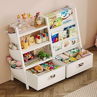 Homeiju Kids Bookshelf and Toy Storage Organizer, 3 Tier Kids Bookcase, Sling Bookshelf and 2 Toy Bins with Toy Storage Organizer for Children Room, Playroom, Nursery, White